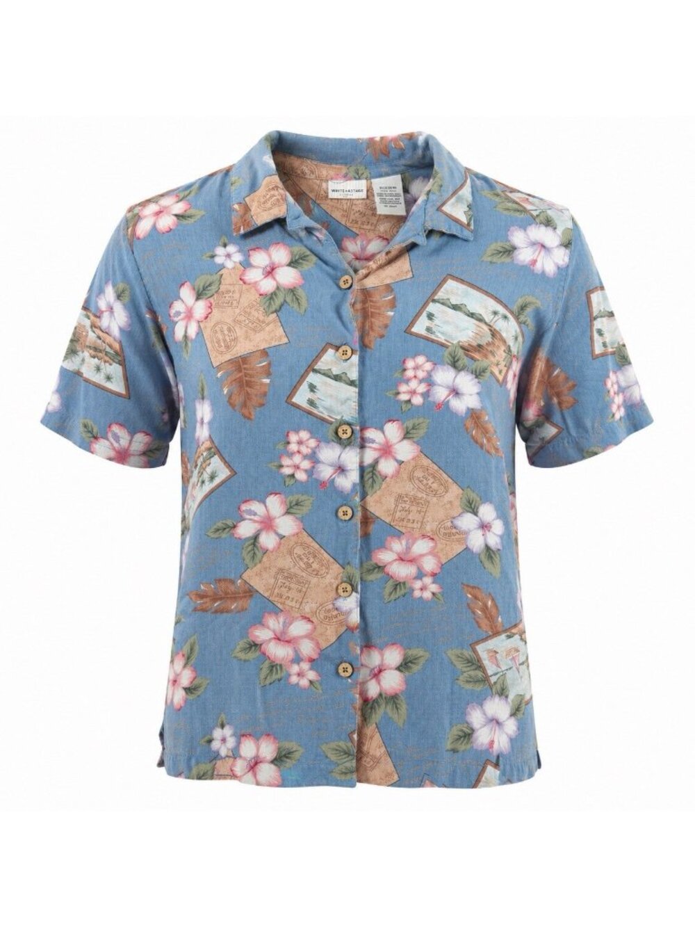 White Stag Women's Plus 22W 24W Blue Floral Hawaiian Rayon Button Blouse